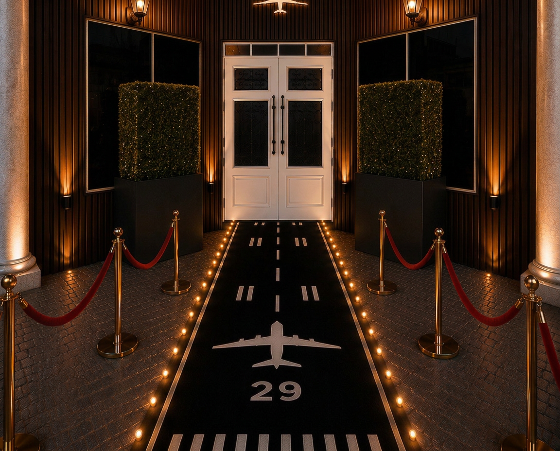 Runway entrance with the black runway carpet, velvet ropes, and illuminated double doors