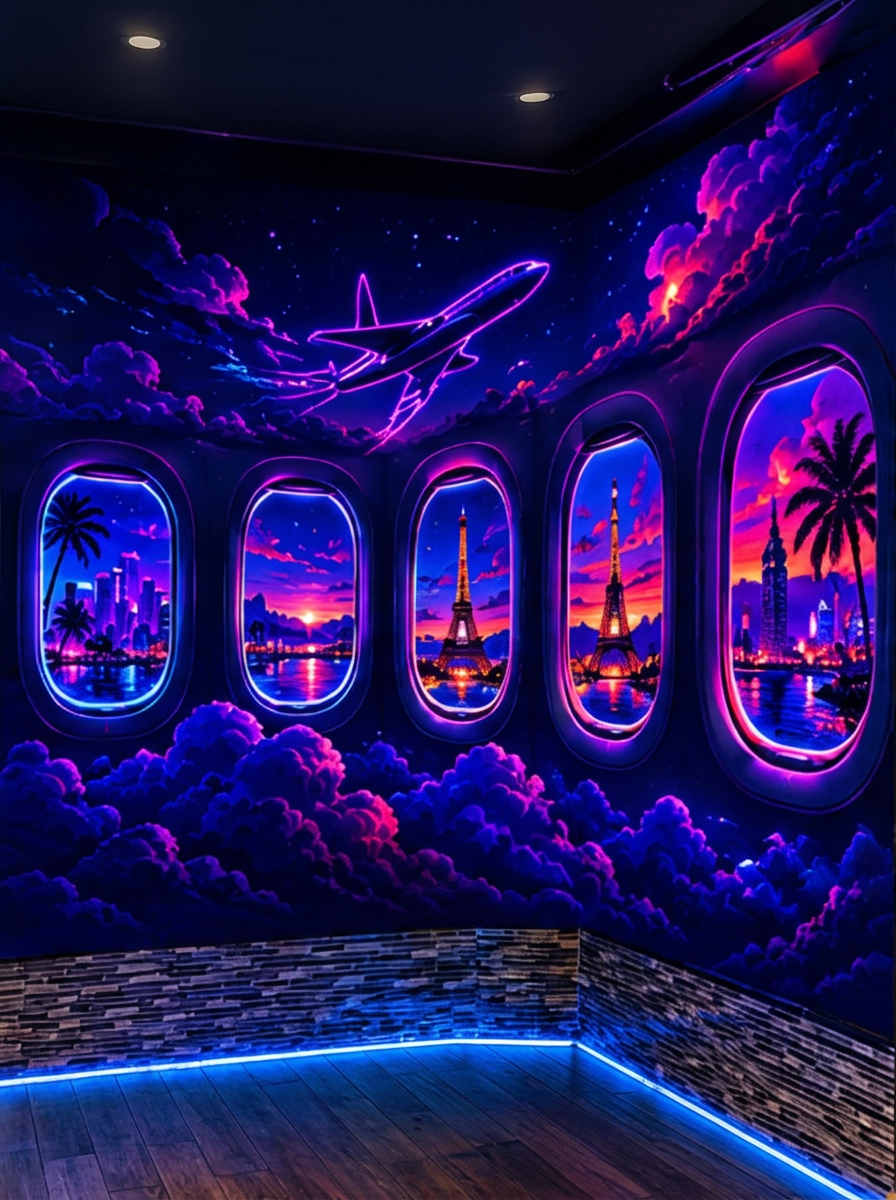 Runway's plane window room, murals of city skylines glowing in each porthole